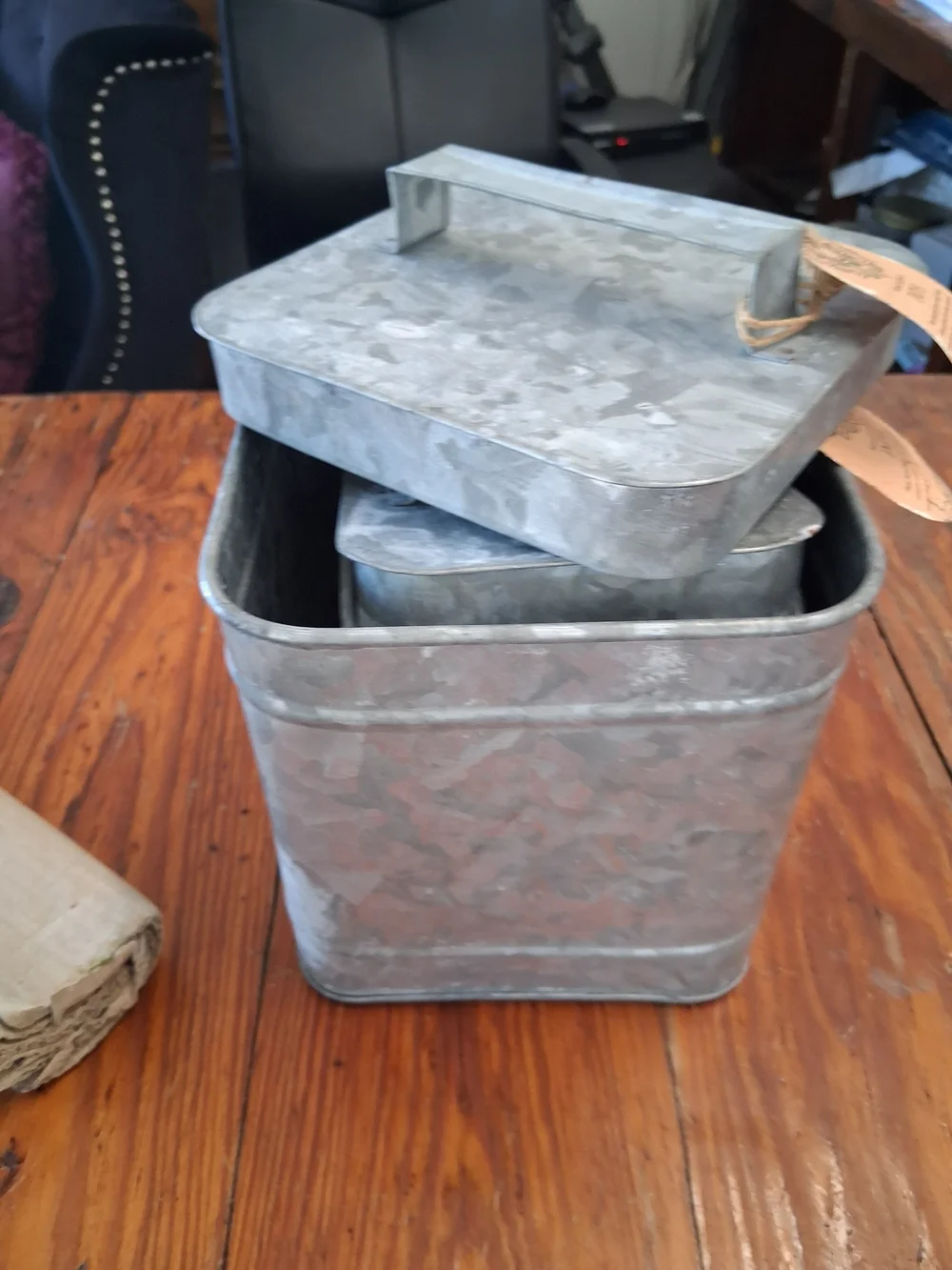 Galvanized Metal Square Lidded Storage Canisters - Set of 2
